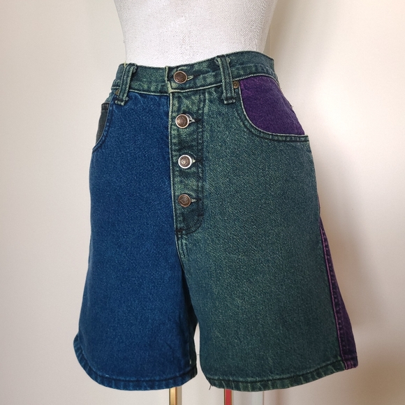 ZENA - Vintage Colourblock Highwasted Jean Shorts - Size 3 - Picture 6 of 8
